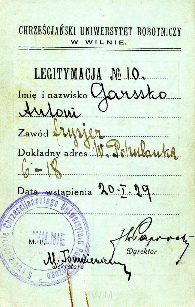 KKE 5817.jpg - Dok.Legitymacja wystawiona przez Chrześcijański Uniwersytet Robotniczy w Wilnie dla Antoniego Graszko, Wilno, 20 I 1929 r.